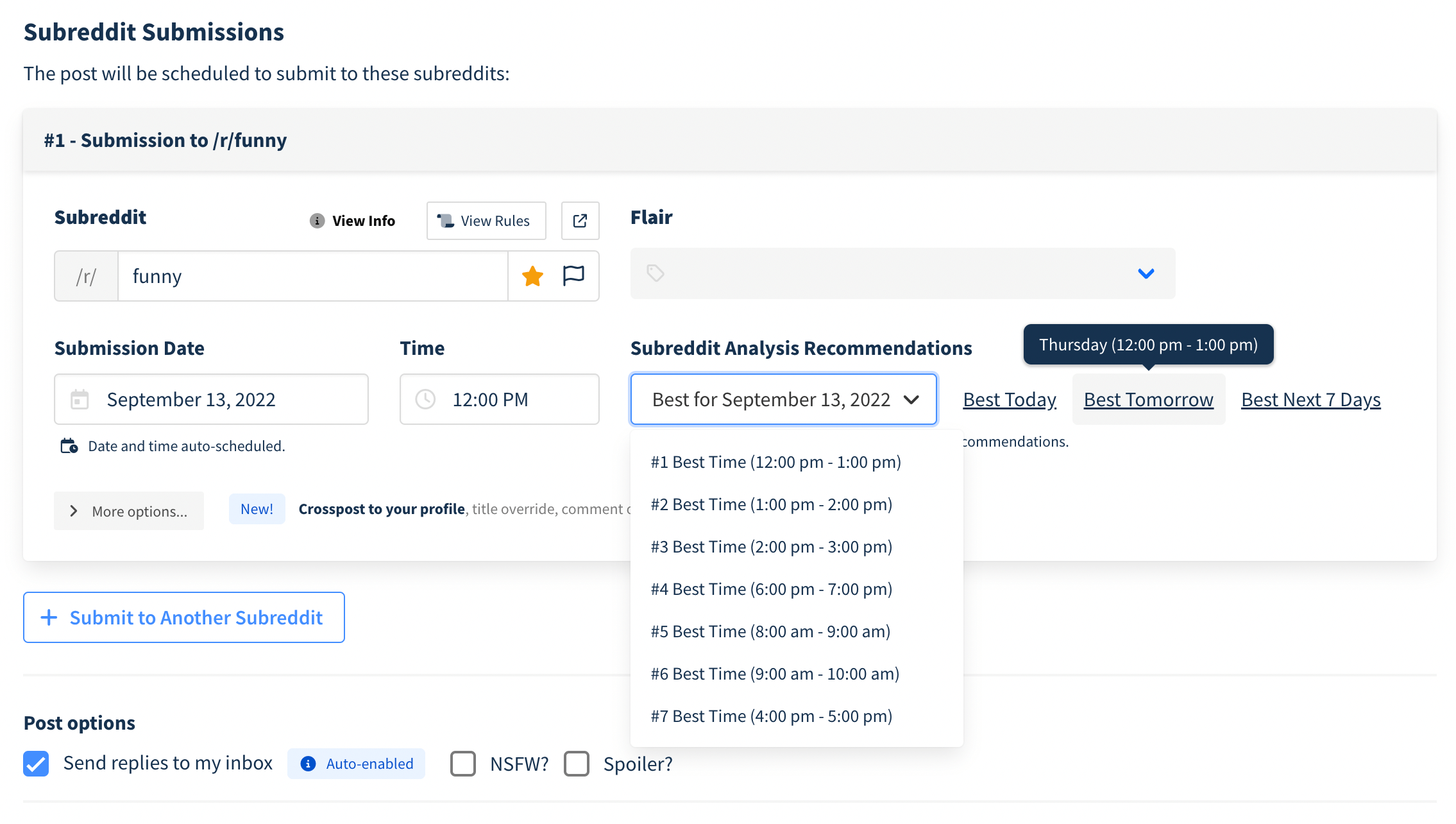 Postpone subreddit date and time recommendations